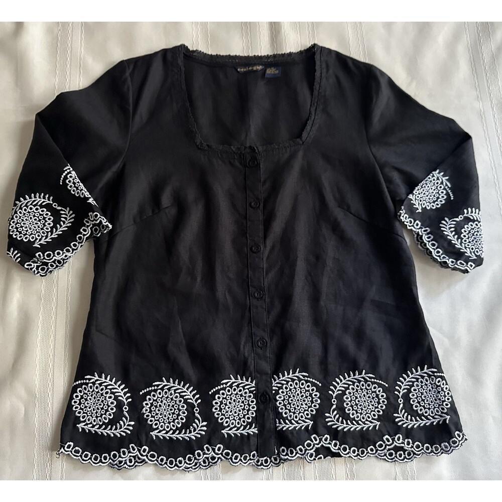 Ecologie Black 100% Linen Blouse, Size M, with White Embroidery and 3/4 Sleeve - Picture 6 of 13